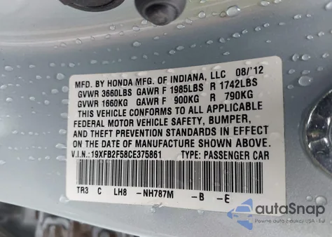 2012 Honda Civic Lx z USA, uszkodzony, nr VIN 19XFB2F58CE375861